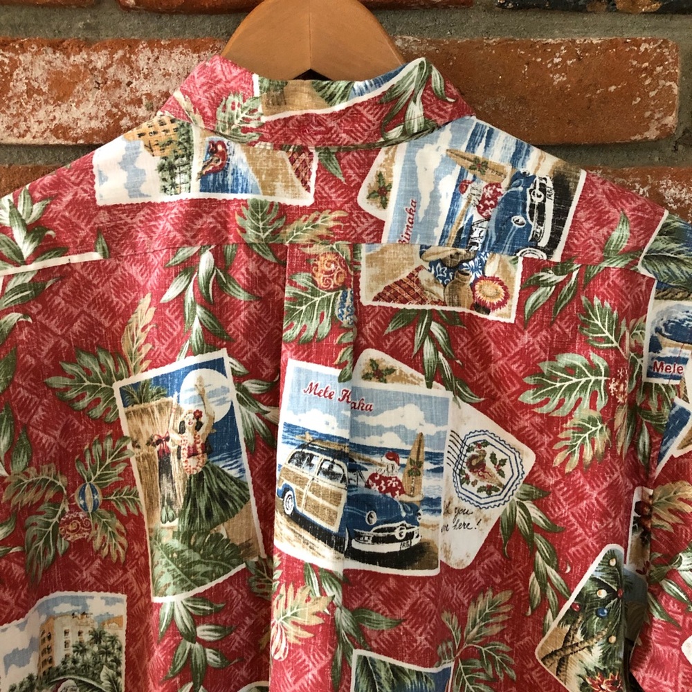 Reyn Spooner Mele Kalimaka Aloha Christmas Holiday Santa Postcard Hawaiian Shirt - Picture 7 of 11